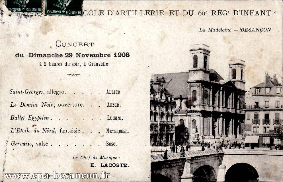MUSIQUE DE L’ÉCOLE D'ARTILLERIE ET DU 60e RÉGt D'INFANTie - Concerts du Dimanche 29 Novembre 1908